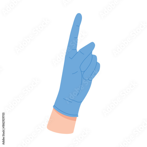 Doctors hand in blue medical glove pointing index finger up vector illustration