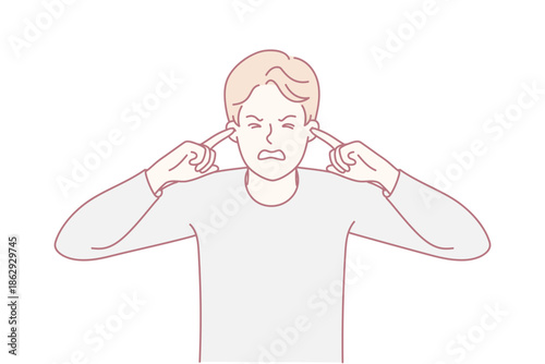 Individual shielding ears from overwhelming noise, Person displaying stress due to loud environment disruption, Closeup portrait capturing discomfort and sensory overload from intrusive sounds