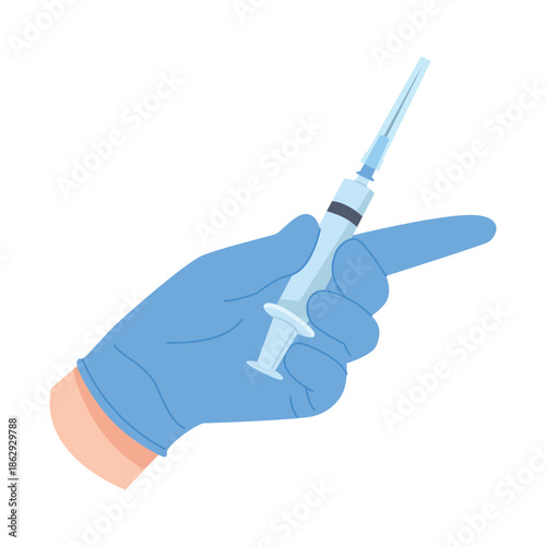 Doctors hand in blue latex surgical glove holding plastic syringe vector illustration