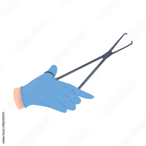 Surgeon hand in latex glove holding surgical metal tweezers during surgery vector illustration