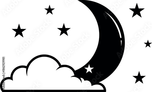 Black and white illustration of a crescent moon shining behind a cloud with stars in the night sky