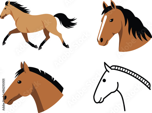 A Refined Vector Illustration Set Featuring a Trotting Horse and Expressive Horse Head Profiles in Painterly Flat and Minimalist Line-Art Styles