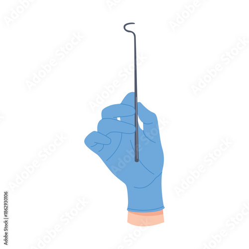 Surgeon or nurse hand in disposable glove raising up surgical tool vector illustration