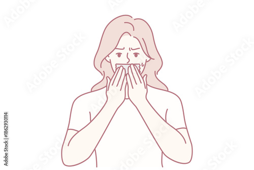 Worried woman put tape on mouth struggle with speech freedom and censorship. Mad girl with face closed banned from talking or sharing thoughts. Vector illustration.