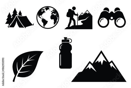 Essential outdoor adventure icons isolated on white background, Vector, illustration