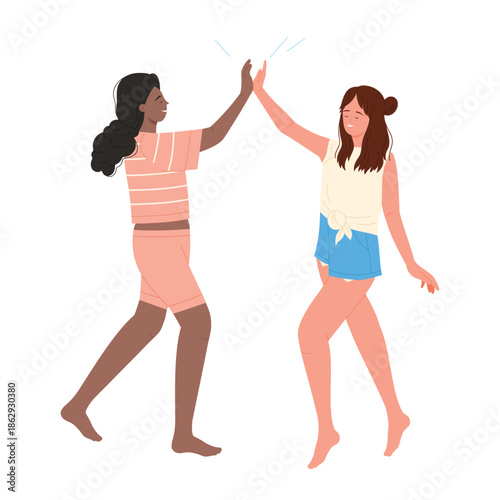 Happy female friends people giving high five vector illustration