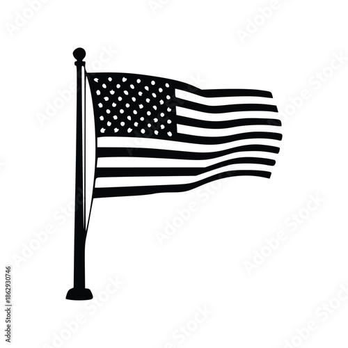 A black and white illustration of the American flag waving on a flagpole.