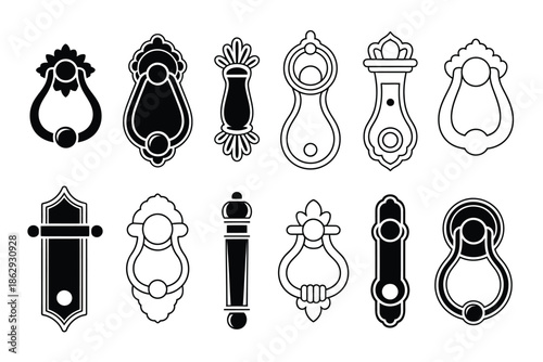 Collection of ornate door knobs isolated on white background, Vector, illustration
