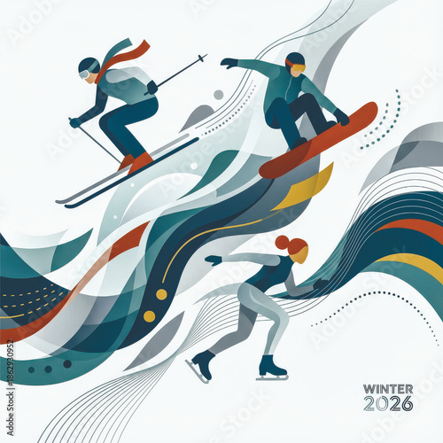 Modern abstract winter sports illustration with skiing, snowboarding and ice skating. Perfect for Winter 2026 events, posters, banners and branding. . Vector illustration