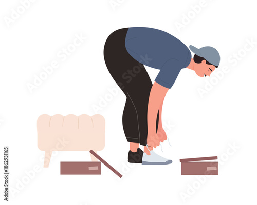 Man trying on new shoes in store, male character tying shoelaces vector illustration