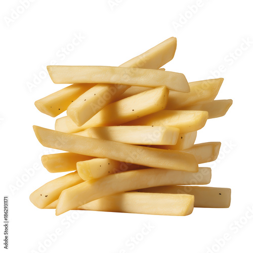 Thick cut hand crafted french fries stacked with visible potato skin specks transparent background isolated on a transparent background