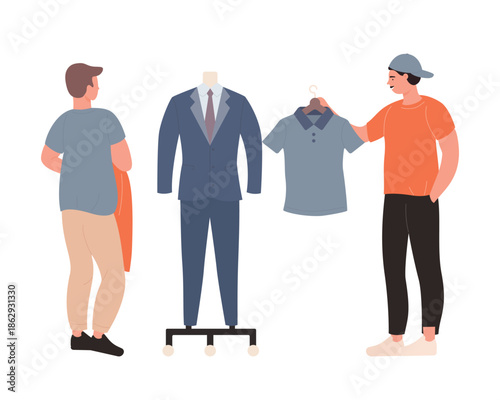 Shopaholics male characters buying clothes in store, guys standing near mannequin with suit vector illustration