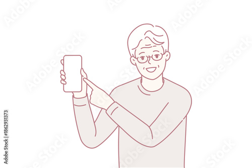 Person exhibits app features cheerfully, Individual showcasing mobile application with friendly gesture, Person confidently presenting digital app features through cheerful and engaging display