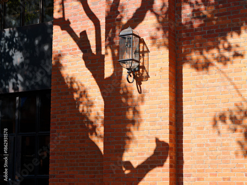 Old metal street lamp with its shadows on red brick wall in sunny day. Decorative black lantern. Historic vintage style. Elegant iron details. City architecture view.