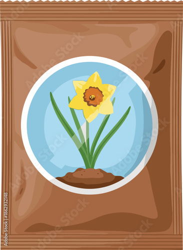 Eco friendly paper bag with daffodil flower logo, organic product packaging illustration, sustainable grocery sack, natural food concept isolated background