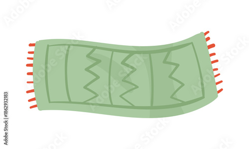 Green cute bed cover or kitchen tablecloth with red fringe and pattern vector illustration