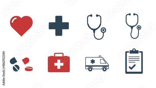 Collection of medical icons representing healthcare and emergency services