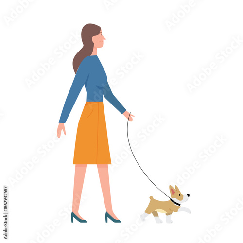 Woman holding leash to walk dog, female pet owner and puppy vector illustration