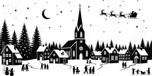 Christmas village silhouette with church houses and Santa flying in sleigh over snowy winter town at night with starry sky.