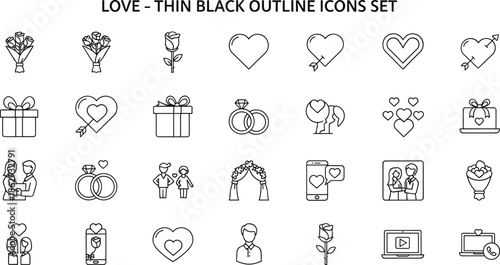 Set of thin black outline icons depicting love and romance