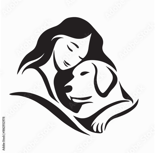 Happy Woman Hugging Golden Retriever Dog Logo Vector