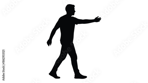 Silhouette of a man walking with his arm outstretched toward the side
