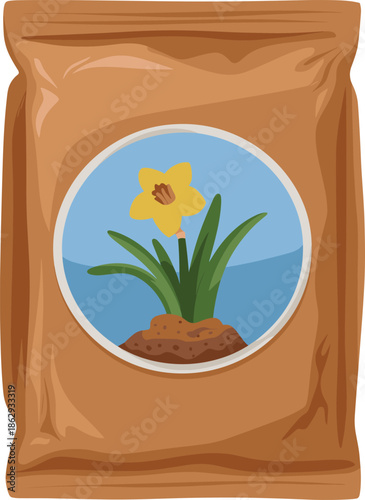 Eco friendly paper pouch with daffodil flower logo, organic product packaging illustration, sustainable grocery bag, natural food concept isolated background
