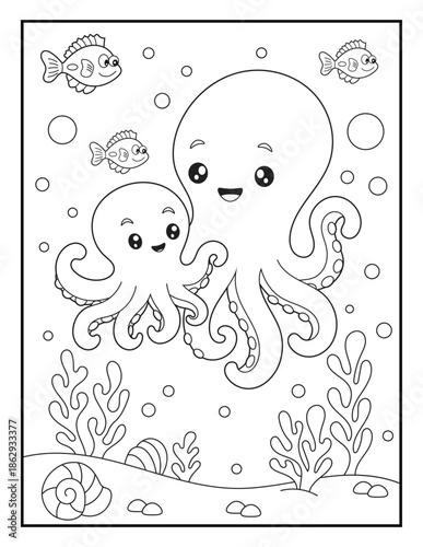 Cute Octopus Coloring Page for Kids. Adorable Parent and Baby Octopus Underwater Ocean Scene Line Art Illustration for Children and adults.
