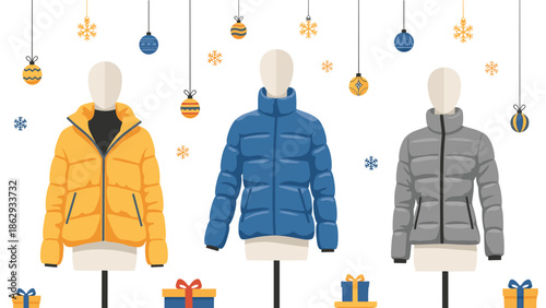 Three stylish mannequins showcasing cozy winter puffer jackets in yellow, blue, and gray, surrounded by festive Christmas ornaments and snowflakes, ideal for holiday fashion.