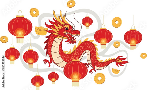 Illustration of a red dragon surrounded by red lanterns and gold coins on a white background, celebrating the Chinese New Year or Lunar New Year with vibrant colors and traditional