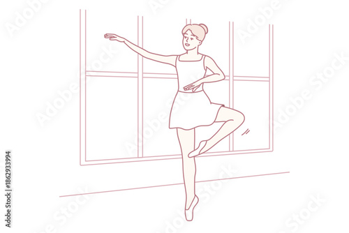 Graceful dancer rehearses, Beautiful ballerina at morning practice, Calm ballet performer under daylight in studio, Refined ballet performer engaged in tranquil rehearsal session at sunrise in studio