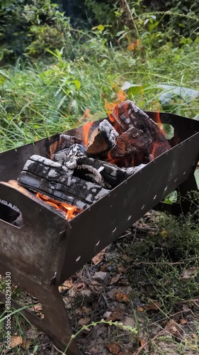 Vertical video of firewood burning on barbecue turning into hot coals outdoors
