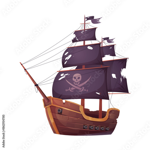 Pirate broken ship with skull and crossbones on black torn sails after battle vector illustration
