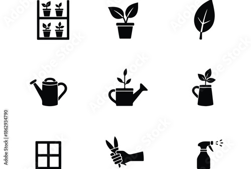Essential gardening tools and plants isolated on white background, Vector, illustration