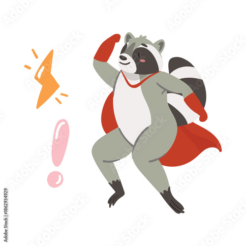 Cute raccoon in red superhero cape jumping with power gesture vector illustration