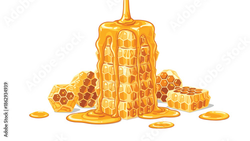 Luscious golden honey generously dripping over a tall stack of natural hexagonal honeycombs, evoking sweetness, nature, and pure organic goodness.