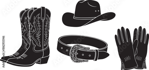Western cowboy boots hat belt gloves isolated