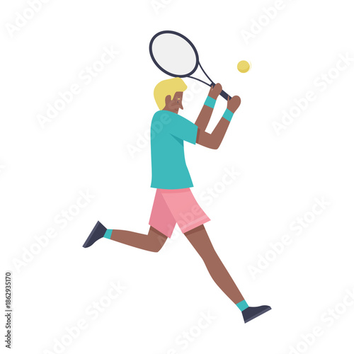Player running after ball, man holding racket to play tennis vector illustration