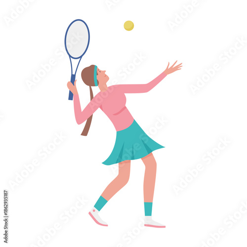 Woman holding racket to hit ball, female tennis player training vector illustration