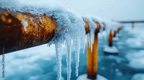 A stunning winter scene showcasing rusted pipes adorned with icicles, revealing the harsh beauty of nature in a cold environment and evoking feelings of stillness and isolation.