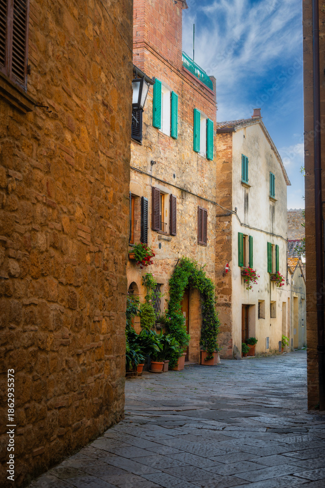 Fototapeta premium View of the architectural typology of the city of Pienza, in the province of Siena, Tuscany, Italy.