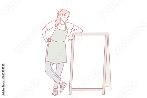 Smiling female waiter in apron standing near mockup cafe advertising board. Happy waitress show good deal on placard. Copy space. Vector illustration.