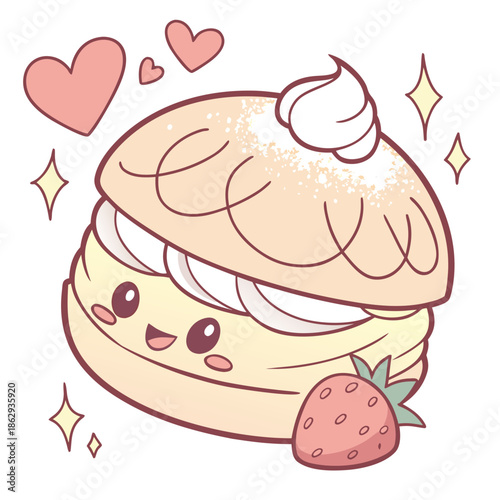 Delightful Kawaii Sticker illustration featuring a charming, smiling cream puff pastry with a fresh strawberry, sweet hearts, and decorative sparkles