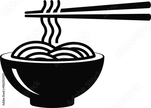 Hot noodle bowl icon, Asian food illustration, steaming ramen with chopsticks, minimal black silhouette isolated on white background, vector design