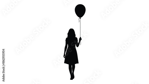 Silhouette of a girl holding a black balloon against a white background