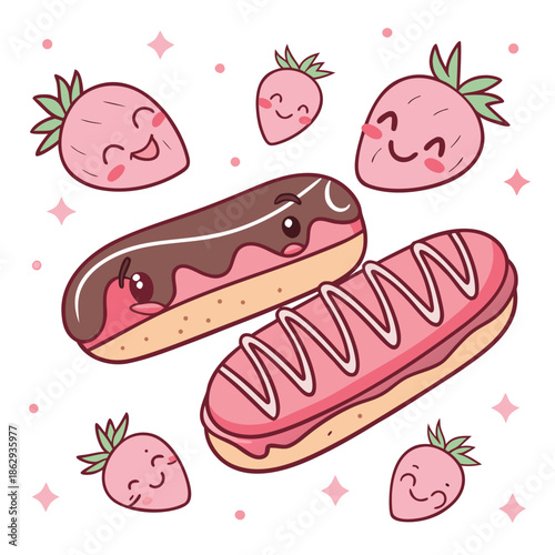 Adorable Kawaii Sticker illustration featuring delightful pink eclairs and charming smiling strawberries, perfect for sweet treats and happy moments