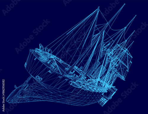 A 3D wireframe model of a classic passenger sailing ship, composed of intricate lines and geometric shapes against a solid blue background. The detailed framework creates a realistic and technical.