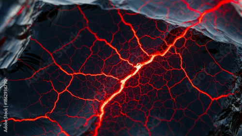 Close-up of volcanic obsidian with glowing lava cracks