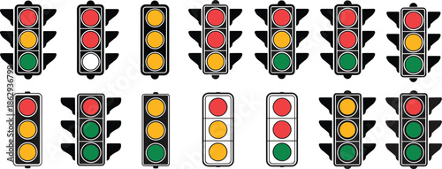 Traffic light icons set illustration, red yellow green signal variations collection, road safety control symbols, urban transportation system design, flat vector isolated on white background