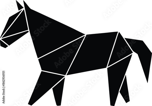 Geometric black horse origami style, Sleek minimalist equine art symbol